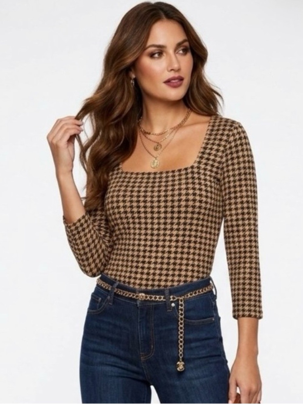 Boston Proper So Effortless Camel Houndstooth top